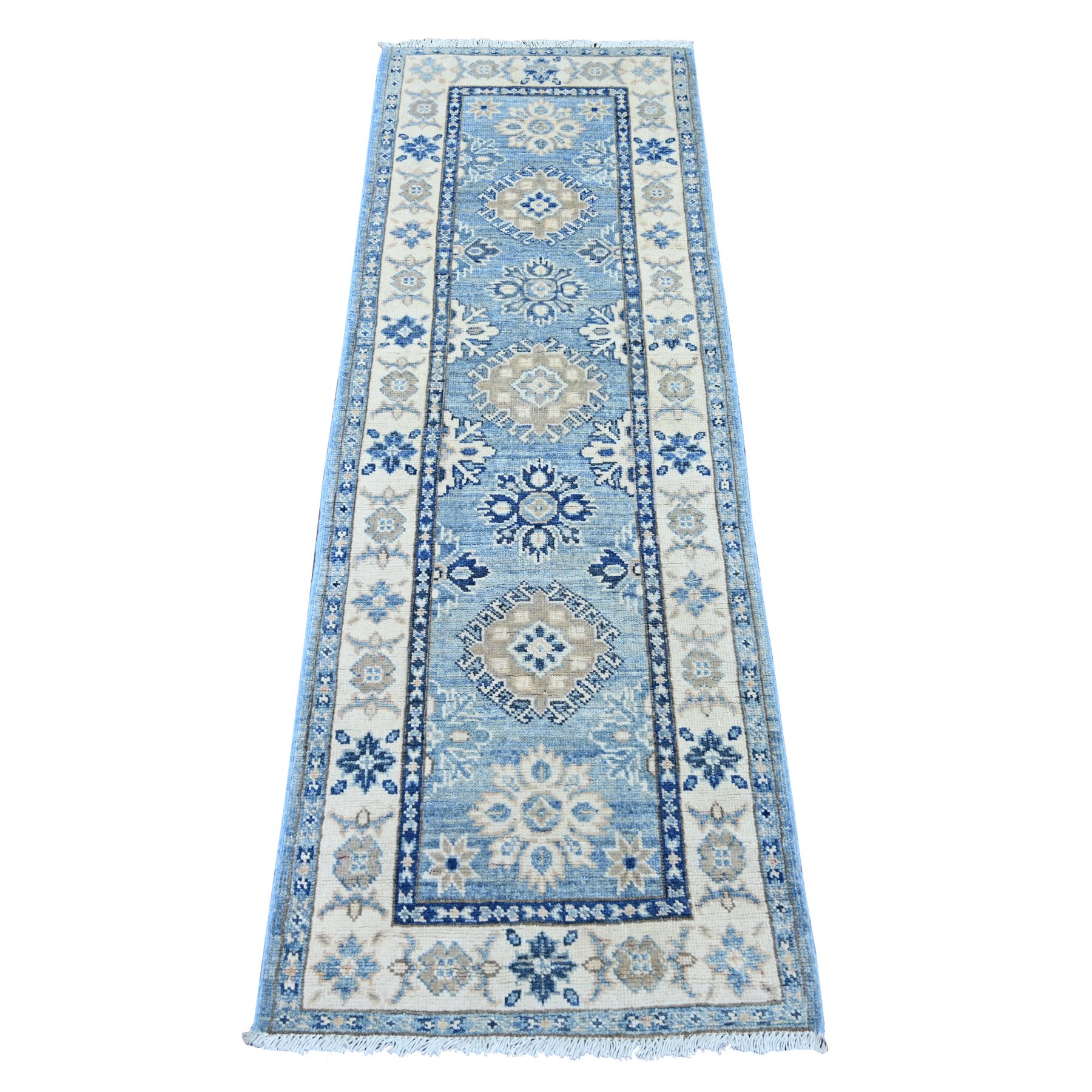 2'1"x6' Maya Blue, Vintage Look Kazak with Tribal Medallions, 100% Wool, Hand Knotted, Natural Dyes, Narrow Runner, Oriental Rug 